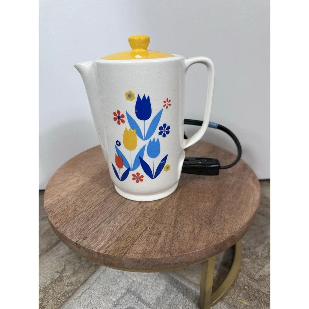 Vintage Ceramic Tulips Electric Working Teapot Yellow Blue Red Design